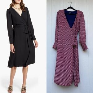 Halogen True Wrap Midi Dress Long Sleeve Geometric 1X Red Navy Classy Elegant